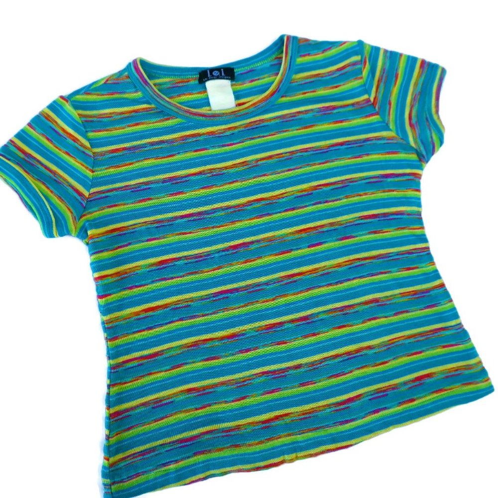 lei Baby Tee T Shirt Vintage Marled Striped Knit Blue Yellow Red M - Picture 7 of 8